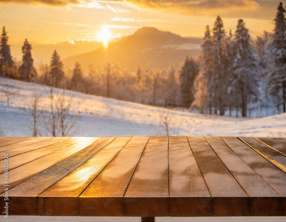 Empty Wooden table with winter landscape background for product display Empty Wooden table with winter landscape background for product display
