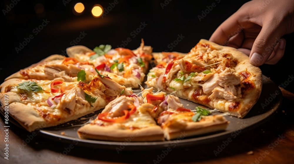 A slice of Thai Chicken Pizza being placed on a plate, capturing the moment before indulgence.