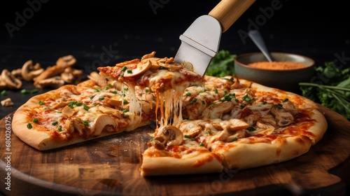 A slice of Thai Chicken Pizza being lifted with a pizza spatula, showcasing its perfect cheese stretch.