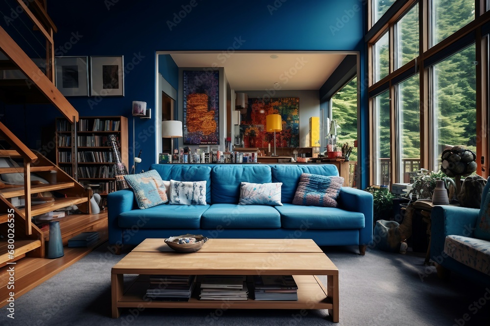 Obraz premium Modern and simple livingroom interior, suitable for catalog cover photos in magazines or advertisements. Generative AI