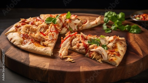 A slice of Thai Chicken Pizza being presented on a wooden pizza peel, enhancing the rustic and artisanal feel.