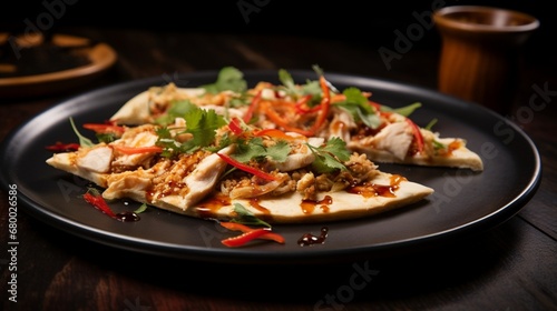 A slice of Thai Chicken Pizza being served on a stylish plate, showcasing its gourmet presentation.