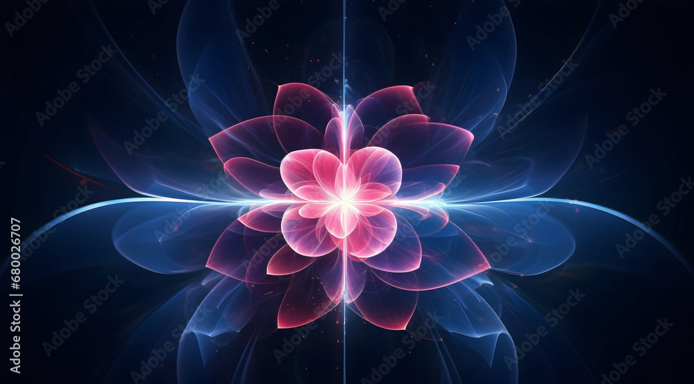 Obraz premium Neon pink flower glowing with soft, luminous energy. Abstract space futuristic background.