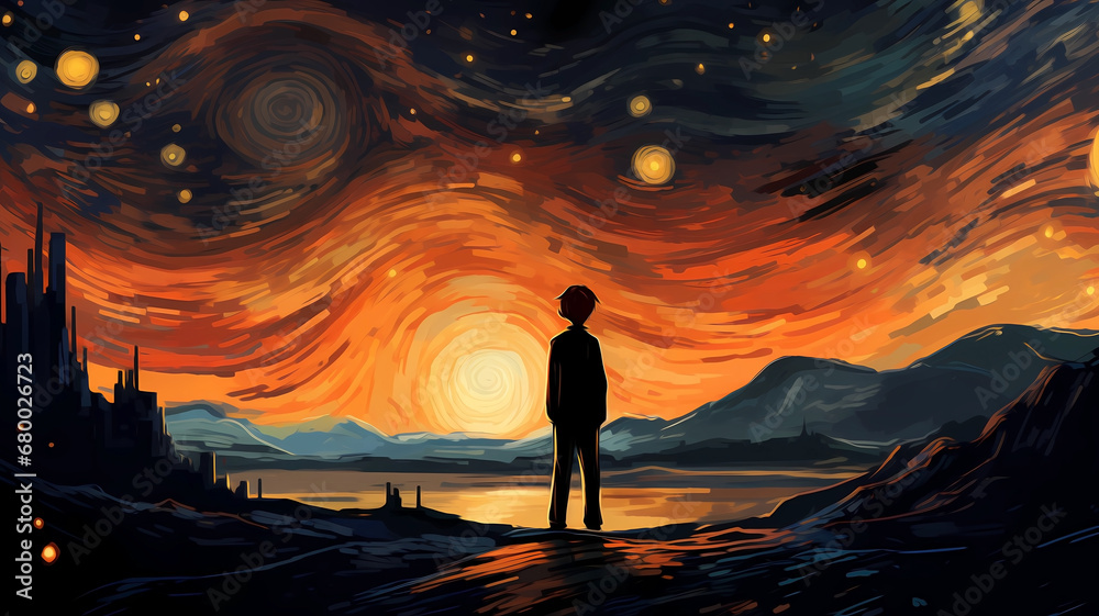 Fototapeta premium Hand drawn cartoon illustration of a beautiful person looking at the sky and thinking under the stars 