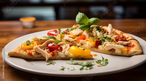 A slice of Thai Chicken Pizza with a creative arrangement of colorful bell peppers and tomatoes, enhancing its visual appeal.