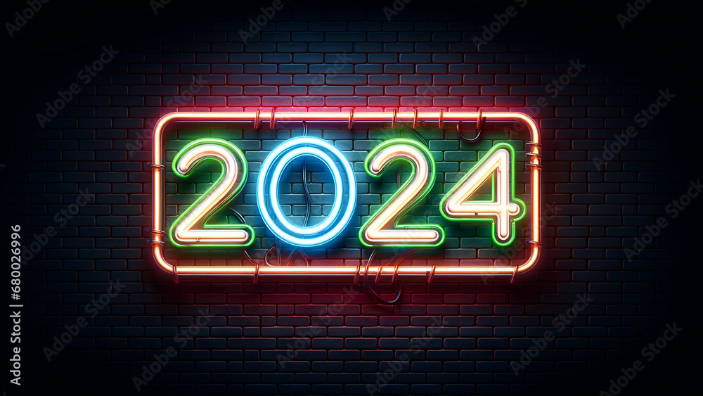 Vibrant Neon Lights 2024 Sign on Brick Wall Vibrant Neon Lights 2024 Sign on Brick Wall