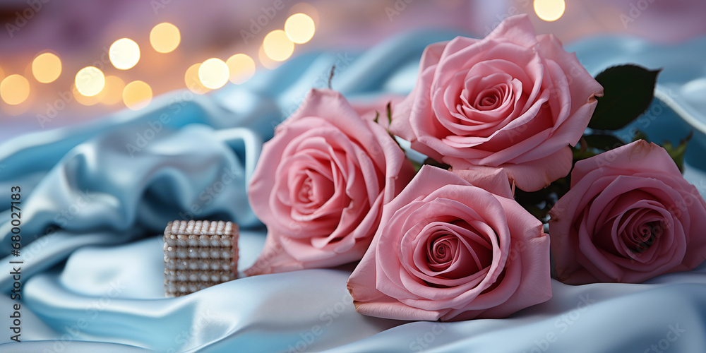 Rosen in pink mit schönen Geschenk in der Box zum Hochzeitstag und Geburtstag im Querfornat für Banner, ai generativ - obrazy, fototapety, plakaty 