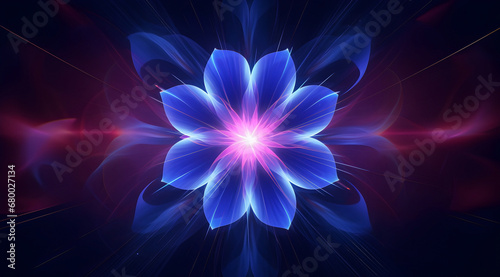 Neon purple flower glowing with soft, luminous energy. Abstract space futuristic background.