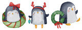 Penguin . Christmas theme . Watercolor paint cartoon characters . Isolated . Set 4 of 4 . illustration .