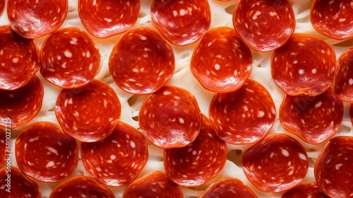 A tantalizing close-up of pepperoni slices arranged artfully on a cheese pizza.