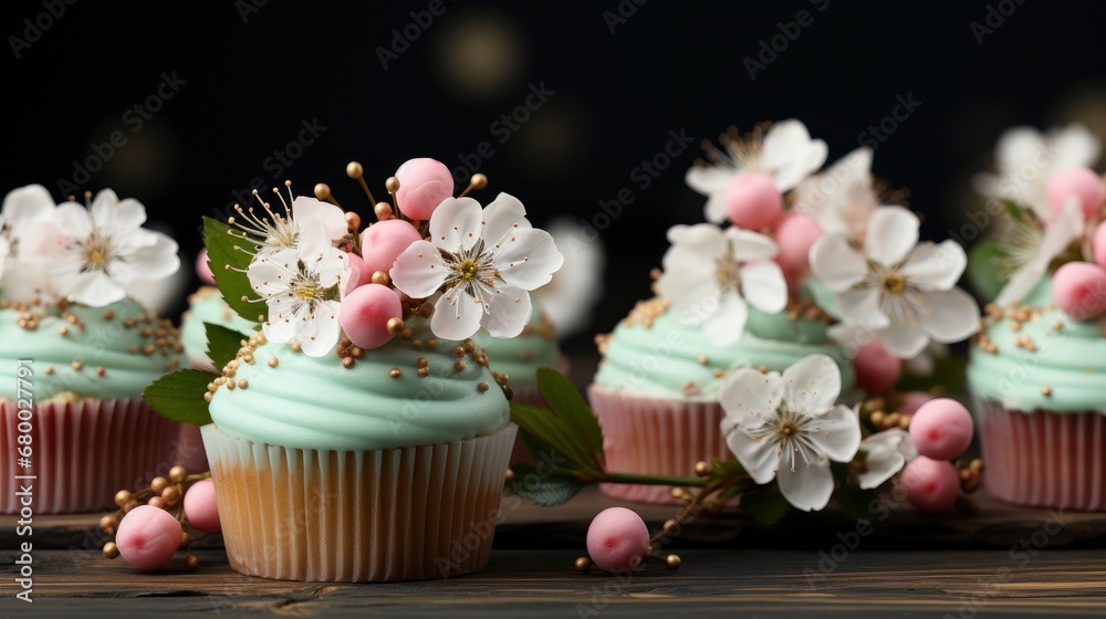 Pink Green Cupcakes Spring Flowers, HD, Background Wallpaper, Desktop Wallpaper