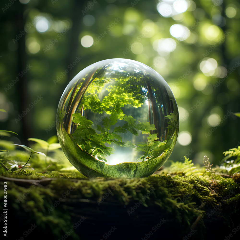 Glass globe encircled by verdant forest flora, symbolizing nature, PNG, 300 DPI Glass globe encircled by verdant forest flora, symbolizing nature, PNG, 300 DPI