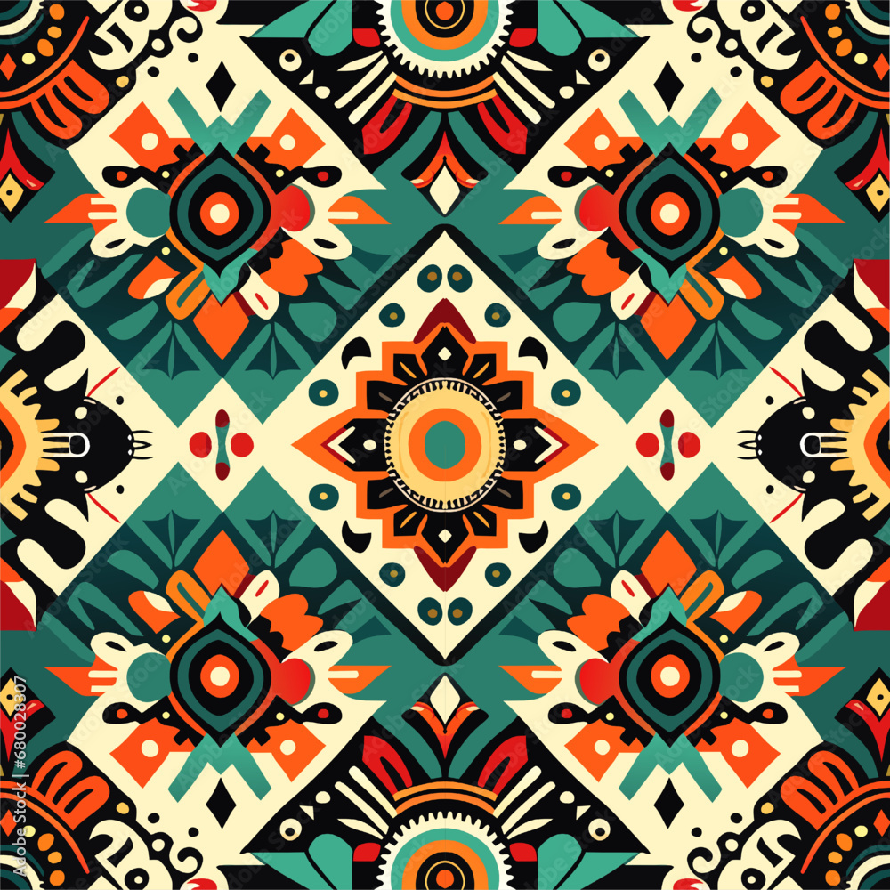 Fototapeta premium Tribal vector ornament. Seamless African pattern. Ethnic carpet with chevrons. Aztec style. Geometric mosaic on the tile, majolica. Ancient interior. Modern rug. Geo print on textile. Kente Cloth.