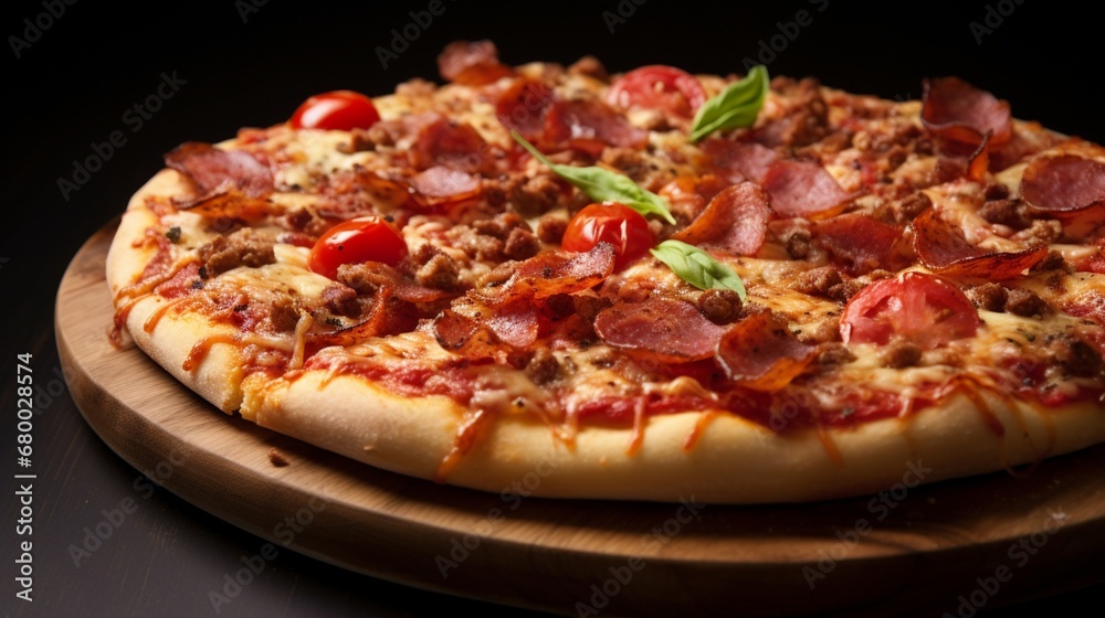 An appetizing pepperoni and bacon pizza, captured from a side angle to highlight its toppings.