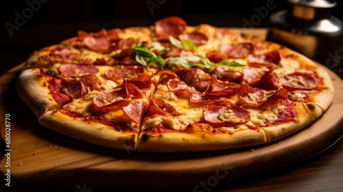 An elegant pepperoni and bacon pizza, captured from a side angle to showcase its toppings.