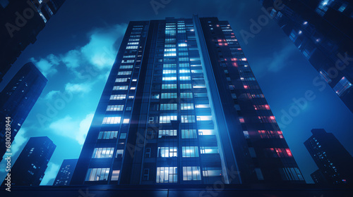 Modern skyscraper at night with glowing lights