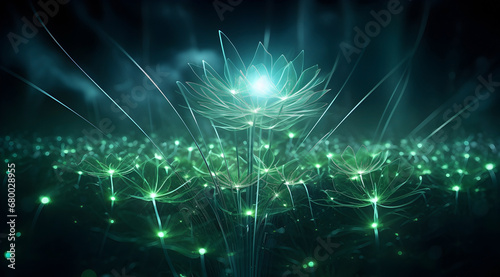 Neon green light emits flowers glowing with soft, luminous energy. Abstract space futuristic background.