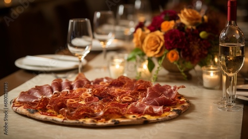 An elegant table setting with a pepperoni and sun-dried tomato pizza as the centerpiece.