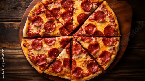 An overhead shot of a pepperoni pizza on a wooden table, showcasing its perfectly arranged slices.