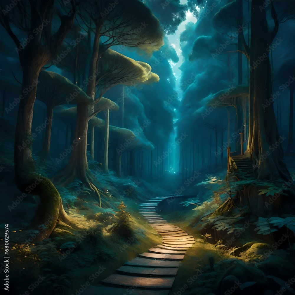 Fantasy landscape, magical night, fairy tale forest. Digital art, ai artwork, background 