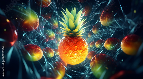 A juicy pineapple and mangos with a neon glow and dynamic energy. Abstract illustration of fruit in space environment. © Jan