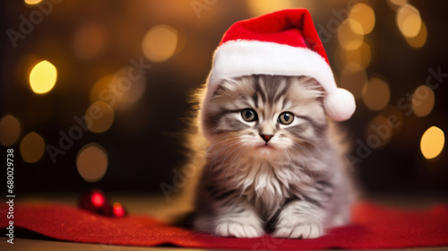cute fluffy kitten in Santa Claus hat with festive bokeh lights on the background