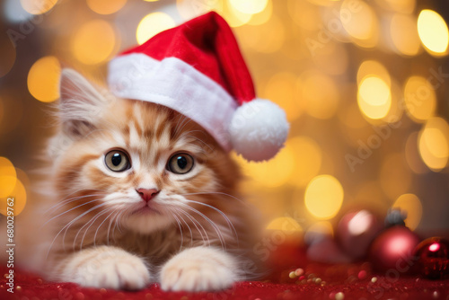adorable fluffy kitten in Santa Claus hat with festive bokeh lights on the background