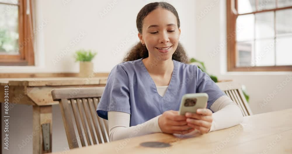 Medical, nurse and phone for communication, technology scroll and networking at table with happiness. Healthcare, professional and employee with smartphone for internet, research and medicine review Medical, nurse and phone for communication, technology scroll and networking at table with happiness. Healthcare, professional and employee with smartphone for internet, research and medicine review