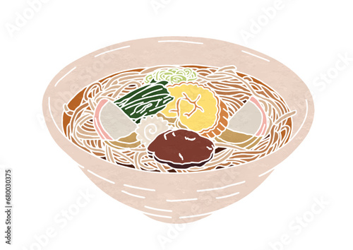 おかめそばのイラスト（版画風）