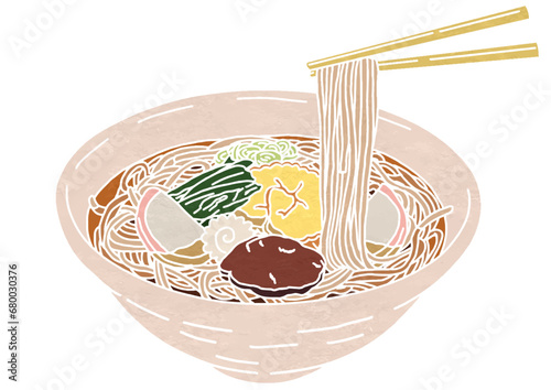 箸で麺を持ち上げているおかめそばのイラスト（版画風）