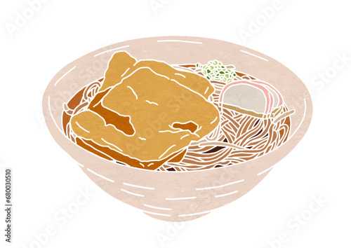 きつねそばのイラスト（版画風）