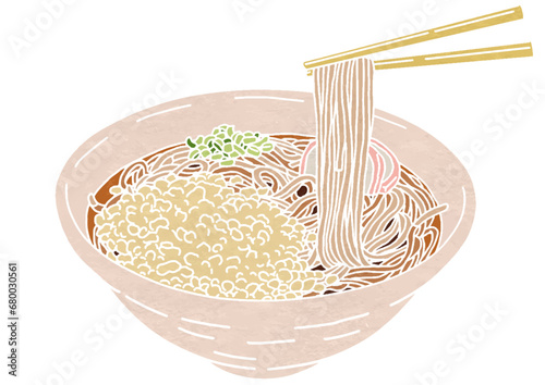 箸で麺を持ち上げているたぬきそばのイラスト（版画風）