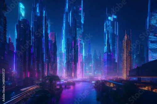 A futuristic cityscape with sleek skyscrapers and holographic billboards