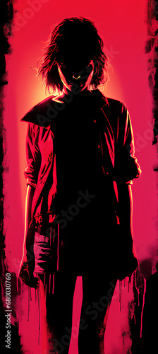 silhouette of a beautiful woman standing before red background