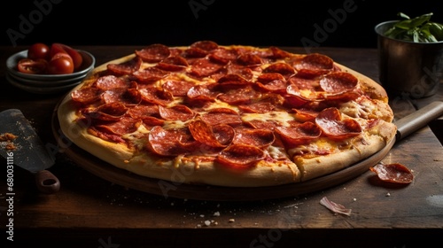 Capturing the essence of a classic Pepperoni pizza straight out of the oven, with crispy edges and perfectly placed pepperoni slices.