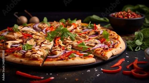 Capturing the essence of Thai Chicken Pizza in a minimalist composition with selective focus on the vibrant toppings.