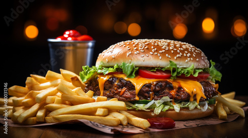 hamburger with french fries HD 8K wallpaper Stock Photographic Image