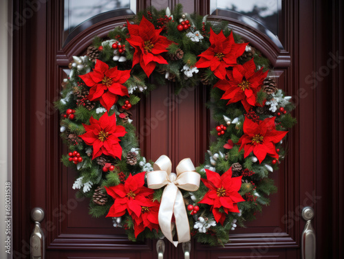 Christmas wreath with poinsettias on a red door © Anna