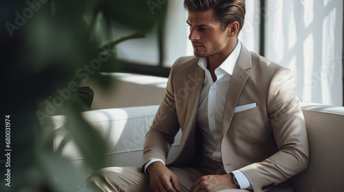 Thoughtful young man in a beige suit sitting comfortably