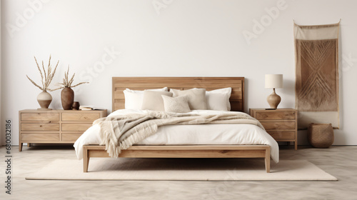 Neutral bedroom with stylish wooden bed and elegant