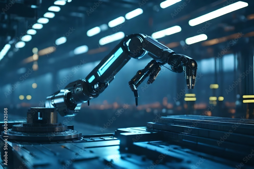 Robotic arm working on a precision task in a futuristic manufacturing ...