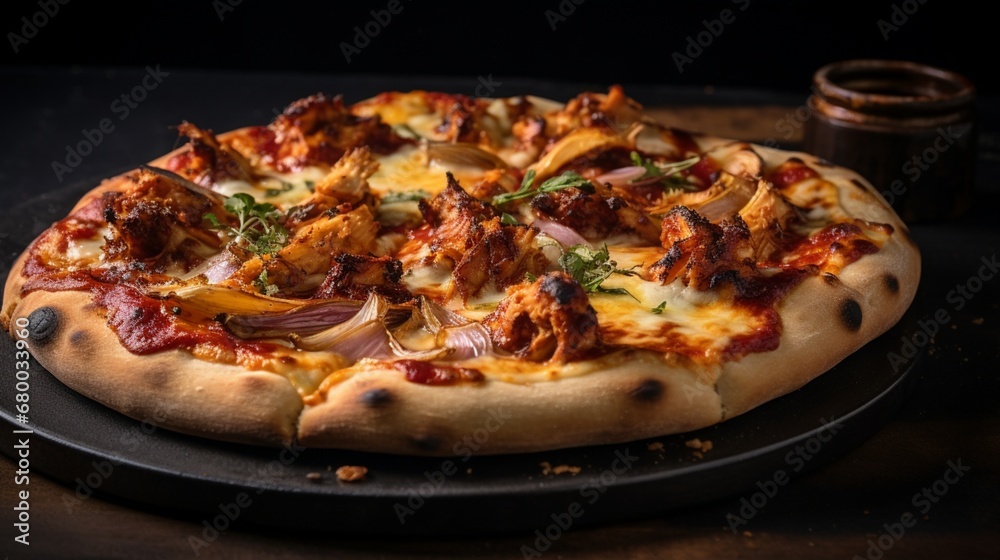 Dramatic lighting highlighting the golden crust and charred edges of a BBQ Chicken pizza, ready to be savored.