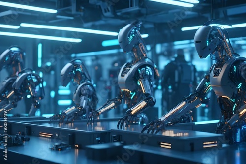 Robotics research lab with humanoid and animal-like robots in various stages of development