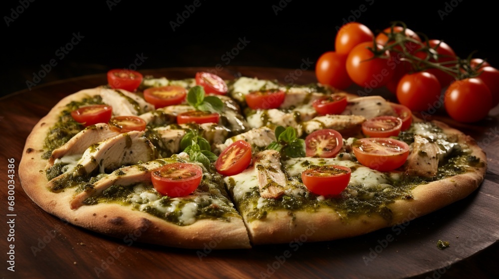 Elegant Chicken Pesto and Cherry Tomato Pizza, emphasizing the burst of cherry tomatoes