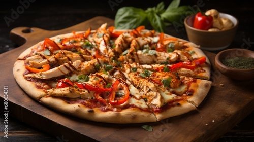 Elegant Chicken and Roasted Red Pepper Pesto Pizza, showcasing the vibrant red peppers