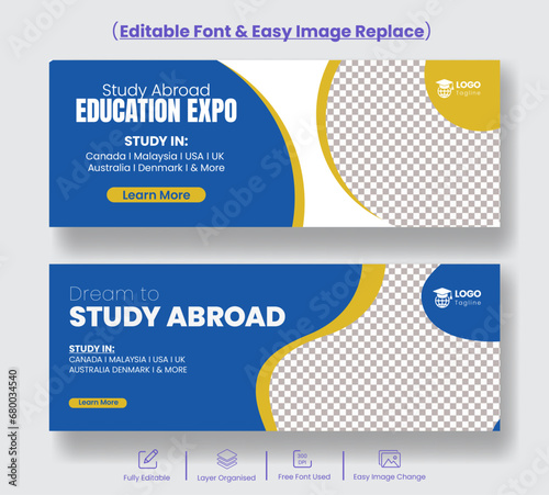 Editable facebook cover or header template for study abroad, educational social media cover banner or promotional business marketing horizontal web banner ads design 