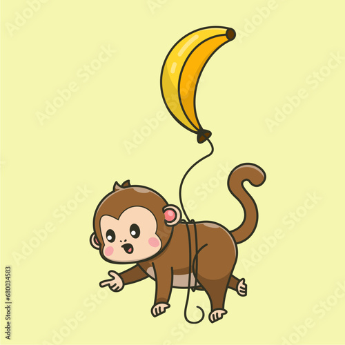 cute monkey flying with banana balloon
