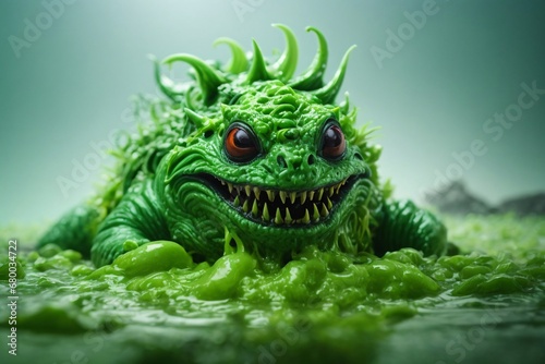 A picture of detailed green slime monster with a scary smile. photo