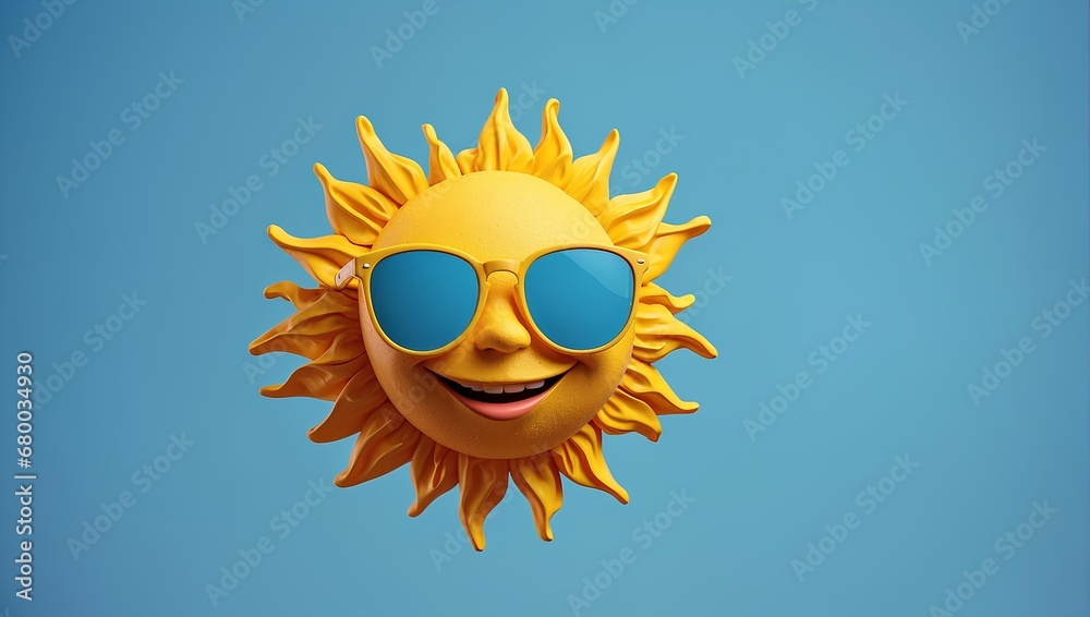A smiling yellow sun with sunglasses on a solid sky blue background. Generative AI A smiling yellow sun with sunglasses on a solid sky blue background. Generative AI