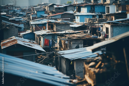 Overcrowded slum with dilapidated housing and blue rooftops © Anna